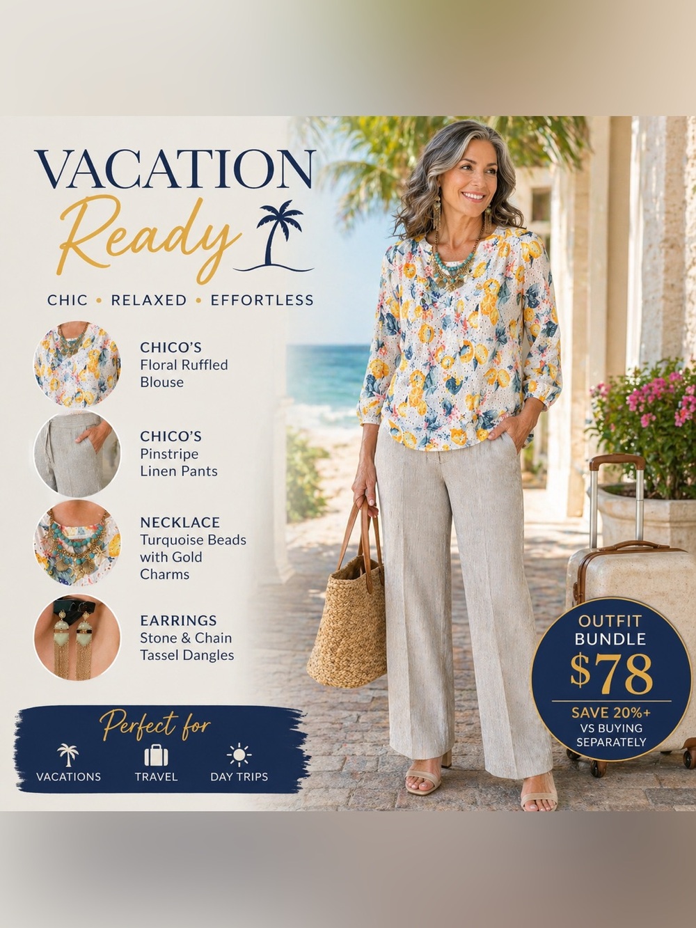 Chico’s Blouse Size 2 + Linen Pants Outfit Bundle Size 12/14 Coastal Chic